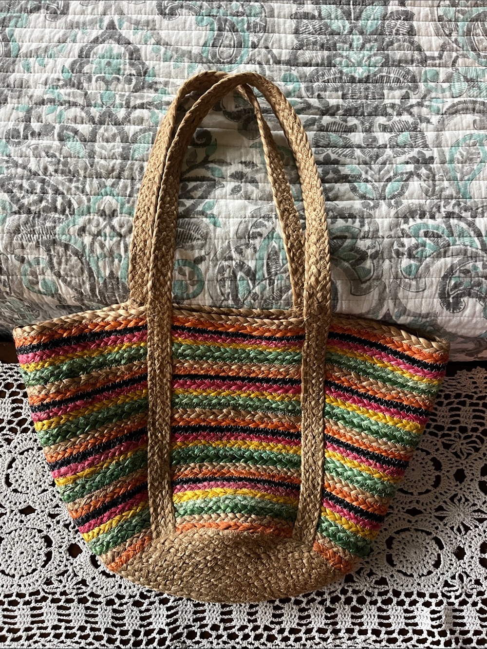 Shiraleah Multicolor Jute Tote with Tan Handles
